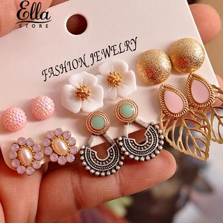 🌸Ellastore เครื่องประดับ ต่างหูดอกไม้ ใบไม้ สไตล์โบฮีเมียน 6 คู่ สำหรับผู้หญิง