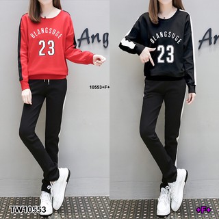 Set 2 ชิ้น เสื้อคอกลมแขนยาว ด้านหน้าสกรีนลายภาษาอังกฤษ + กางเกงขายาวแถบข้าง