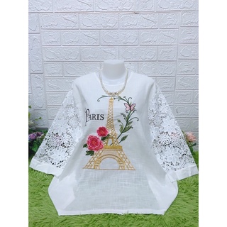 เสื้อลินินคอกลมแต่งลูกไม้งานปักสวยตรงปกผ้านิ่มเรียบหรูดูดีใส่ทำงานใส่สบายใส่ได้ทุกโอกาส