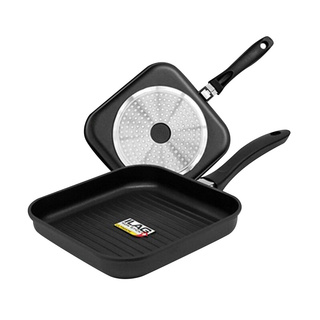 ว๊าว🍟 ZEBRA กระทะปิ้งย่างนอนสติ๊กทรงสี่เหลี่ยม รุ่น Gemini ขนาด 24 ซม. สีดำ Fry Pans &amp; Woks