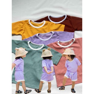 ชุดเซทเด็ก ชุดเสื้อ-กางเกงขาสั้น ผ้าร่อง unisex สีน่ารัก ใส่สบาย free size 6-12 kg