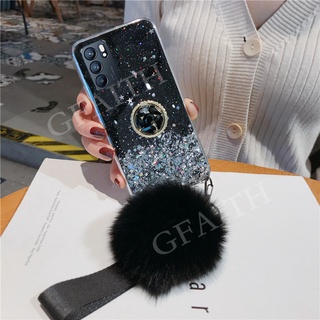 เคสโทรศัพท์ OPPO Reno6 Z 5G Reno 6 Pro Reno5 Pro Reno4 Z Reno 5 4 Pro Phone Case Rhinestone Ring Holder Strap Fur Ball Clear Star TPU Softcase เคส ออปโป้ รีโน่6 Z Reno 6Z