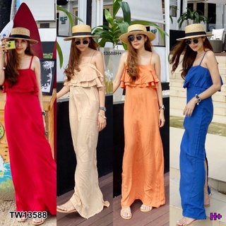 TW13588 Maxi Dress เดรสสายเดี่ยว แต่งระบายสองชั้นช่วงอก งานซิปหลัง เนื้อผ้าสปัน ผ้านิ่มใส่สบายไม่ร้อน รีดง่าย ทรงสวยมากก