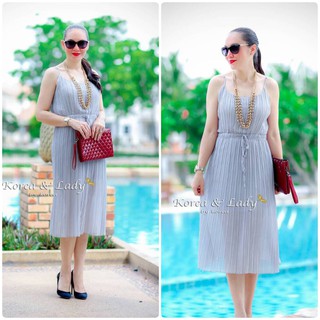 Dress Korea Chiffon สายเดี่ยวพลีท สีเทา