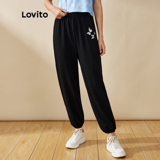 【พร้อมส่ง】Lovito กางเกงวอร์ม ลายผีเสื้อ สไตล์ลำลอง L20D1247 (สีดำ)