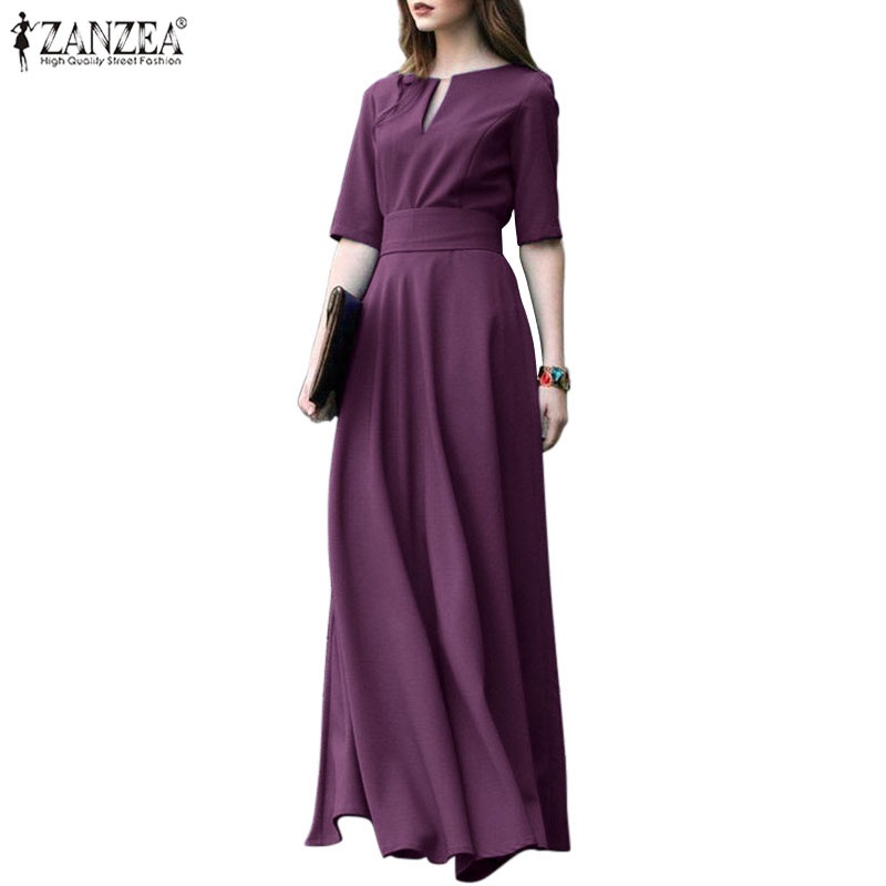 Zanzea ชุดแม็กซี่เดรสยาว คอกลม แขนยาวครึ่งแขน สีพื้น สไตล์โบฮีเมียนวินเทจ สําหรับผู้หญิง