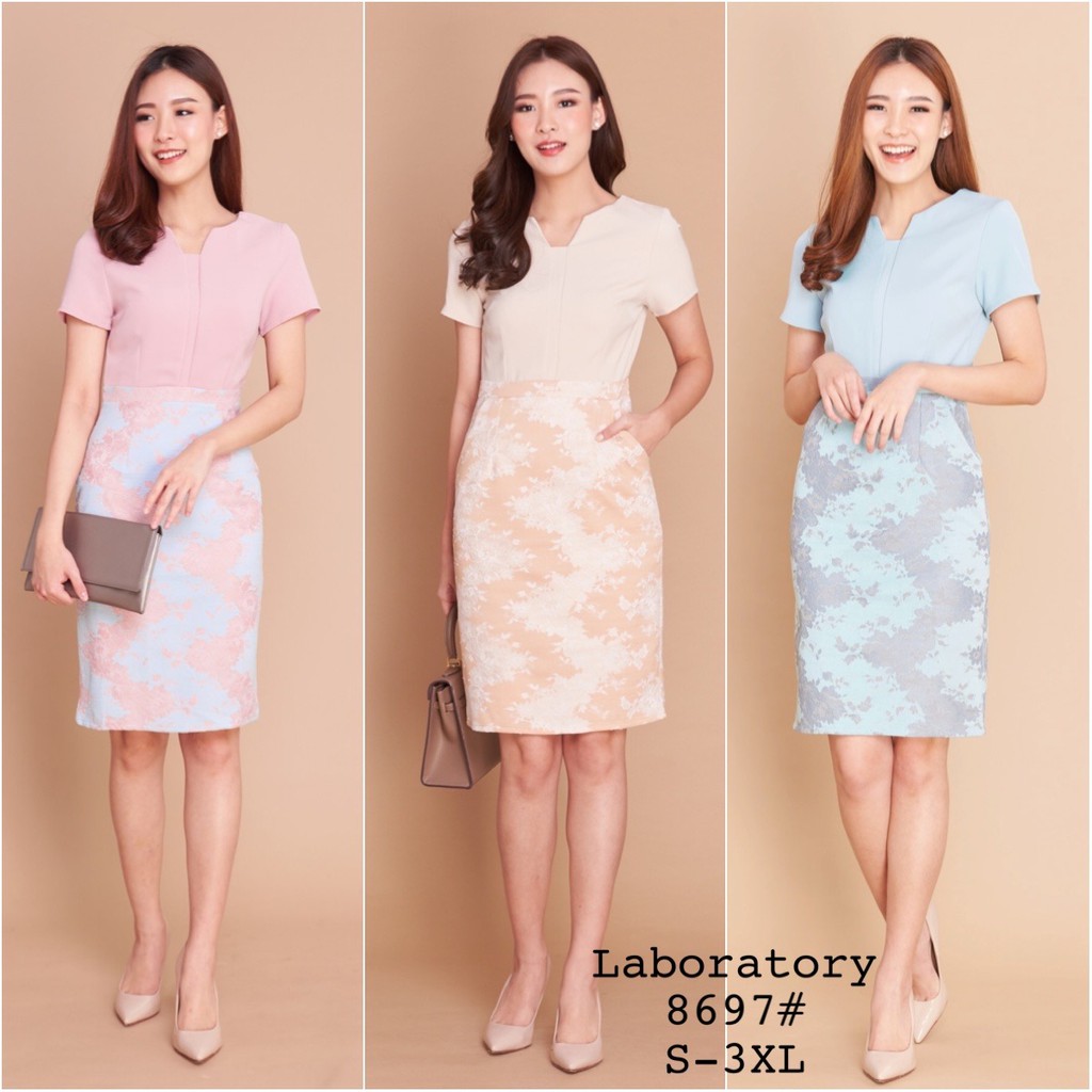 on sale 8697 เดรสคอยูกระโปรงลายลูกไม้อัดกาว ไซส์ S-3XL