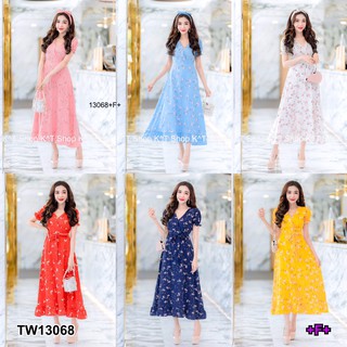 J13068 Maxi Dress แม็กซี่เดรส แขนตุ๊กตา ลายดอกไม้ + สายผูก