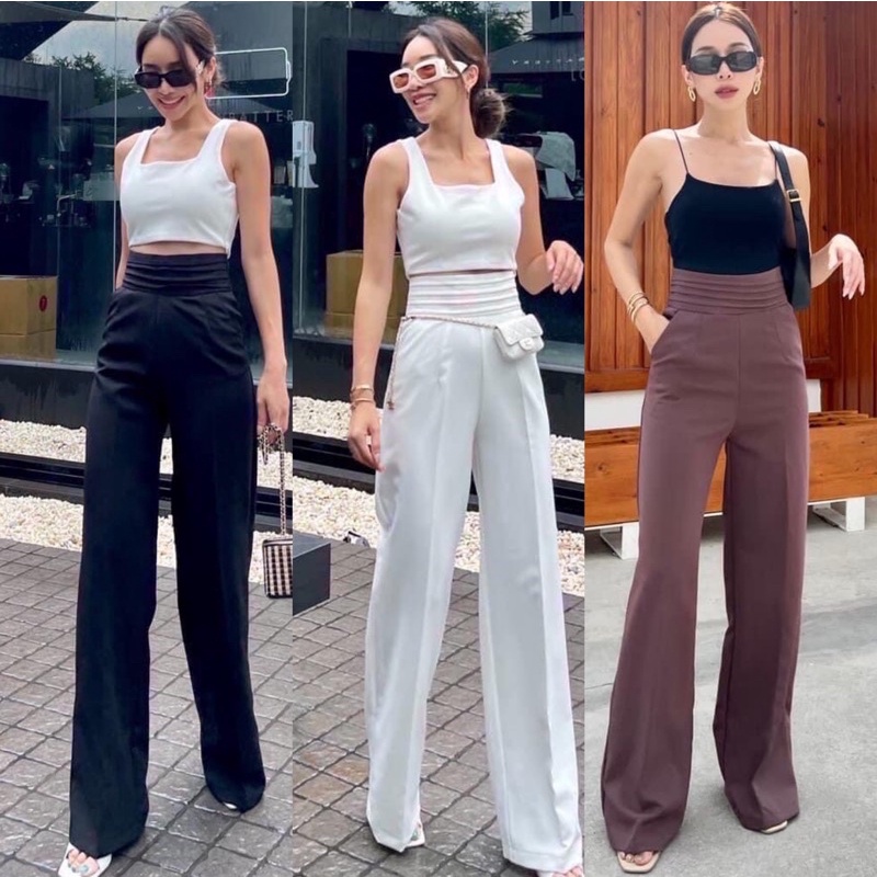 New กางเกงเอวสูงขากระบอกขอบชั้นพร้อมส่ง