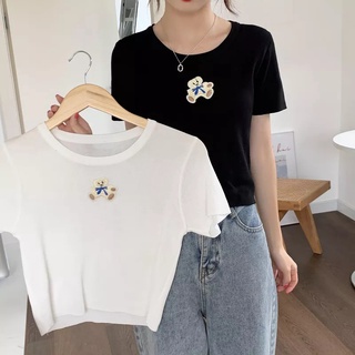Shein 🔥เสื้อครอปคอกลม แขนสั้น ครอปเกาหลี เสื้อยืดน่ารักๆ เเขนสั้นผ้าคอตตอนสกรีนลายการ์ตูนน่ารัก56021-1