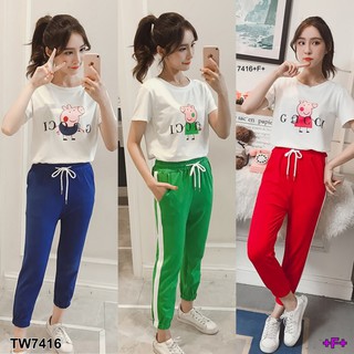 TW7416 Set 2 ชิ้น เสื้อยืด+กางเกงขาจั้ม สกรีนลายหมู