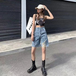 Swan shop กางเกงยีนส์ขาห้าส่วน 🍊พิมพ์ลายขาดรู🍊 ผ้าเดนิมทรงตรงสวยเข้ารูป สไตล์เกาหลีฤดูร้อน รุ่นใหม่