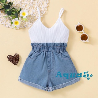 AQQ-Baby Girl Summer Sleeveless Romper Ribbed V-neck Tops Stitching Denim Bottom Sling Bodysuit Jumpsuit