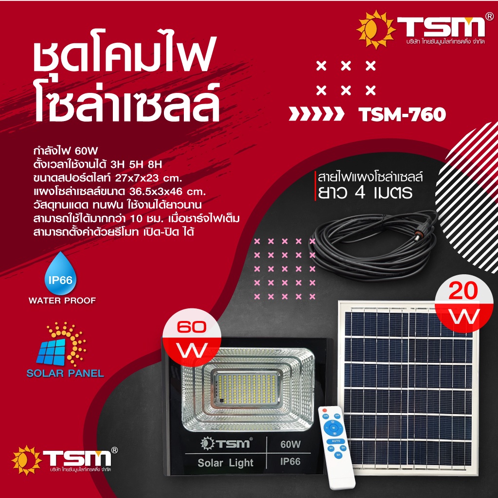 MM.love shop TSM-760 สปอร์ตไลท์โซล่าเซลล์ พลังงาน 60W ไฟLed ติดตั้งง่าย ชาร์จไฟด้วยแผงโซล่าเซลล์