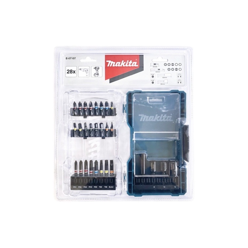 MAKITA E-07107 : ชุดดอกขันสกรู 28 ชิ้น พร้อมเคสใส
