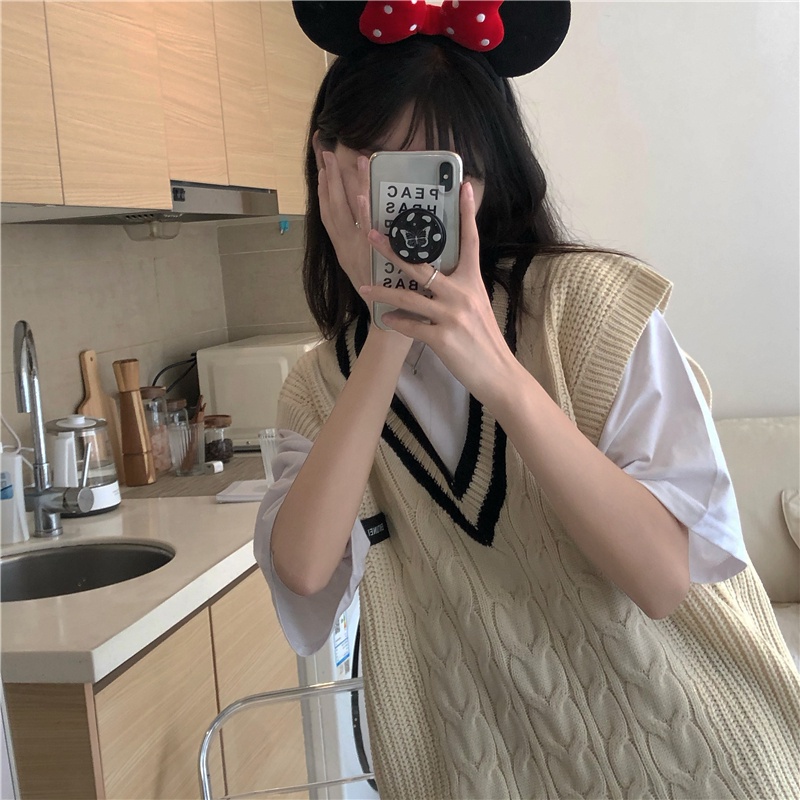 เสื้อกั๊กกันหนาว คอวี ผ้าถัก ทรงหลวม สไตล์เกาหลี แฟชั่นฤดูใบไม้ร่วง สําหรับผู้หญิง