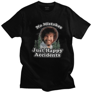 เสื้อยืดแขนสั้น ผ้าฝ้าย พิมพ์ลายภูเขา Bob Ross No Mistakes Just Happy Accidents สไตล์สตรีท หรูหรา ให้เป็นของขวัญได้