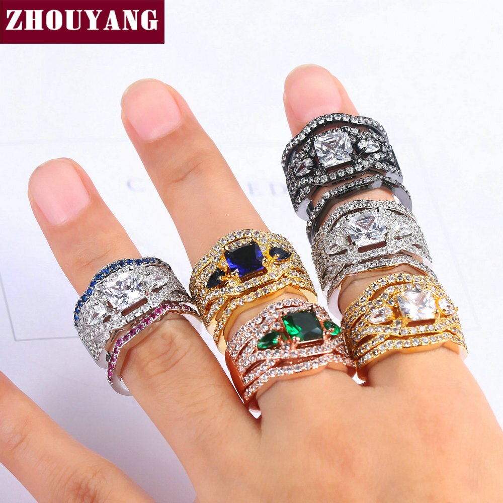 ZHOUYANG แหวนแต่งงานชุดสำหรับผู้หญิงคลาสสิกเจ้าหญิงตัด Cubic Zirconia 3 แหวนชุดสีเงินสีพรรคของขวัญ R643 R711