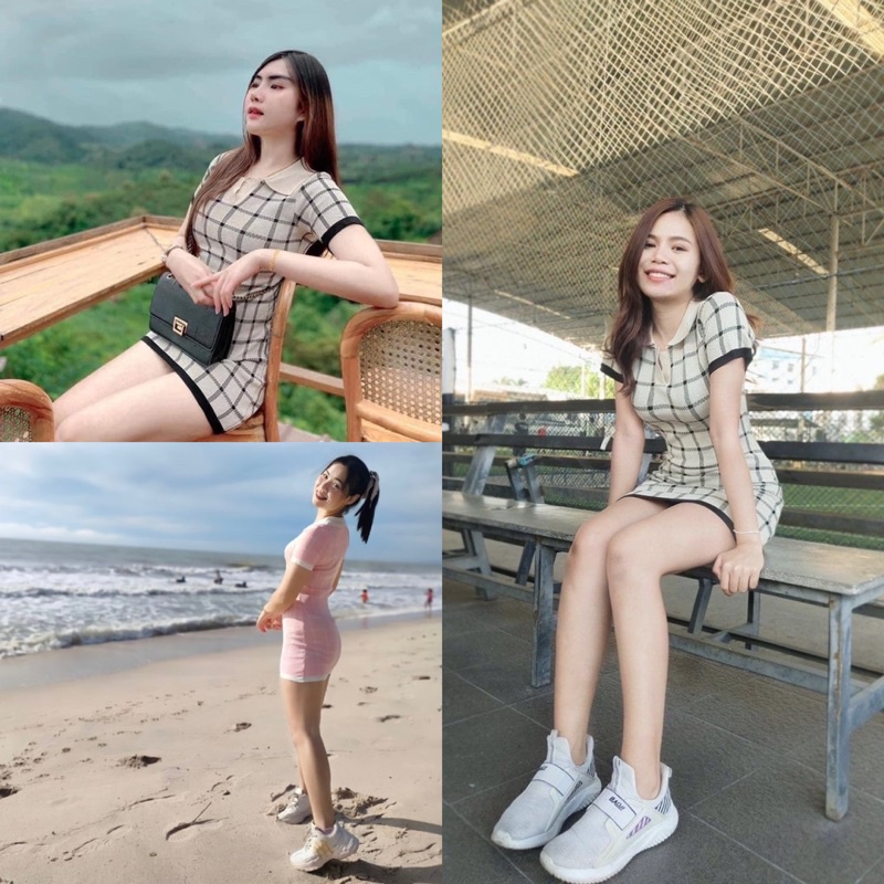 SpinnyHouse มินิเดรส ผ้าไหมพรม มินิเดรสแขนสั้นทรงคอโปโลตารางสลับสีลายเส้น ขวดน้ำ ตารางหมากฮอส ขวดน้ำ F301A