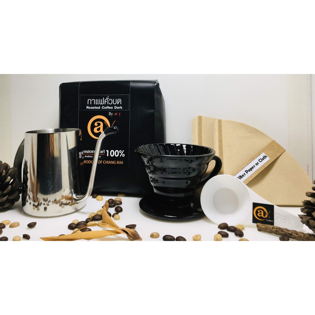 ชุดที่ a122 แก้วดริปเซรามิค สีดำ 1-2 ที่/ช้วนตวงกาแฟ/กระดาษกรอง/กาคอยาว/@y Coffee กาแฟคั่วบด คั่วเข้