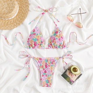 (พร้อมส่ง) Bikini ชุดว่ายน้ำ บิกินี่ผ้าย่นลายดอก🌸 แบบเชือกผูก สีน่ารักมาก สายฝอ เซกซี่ หลายสี มี12ลายให้เลือก