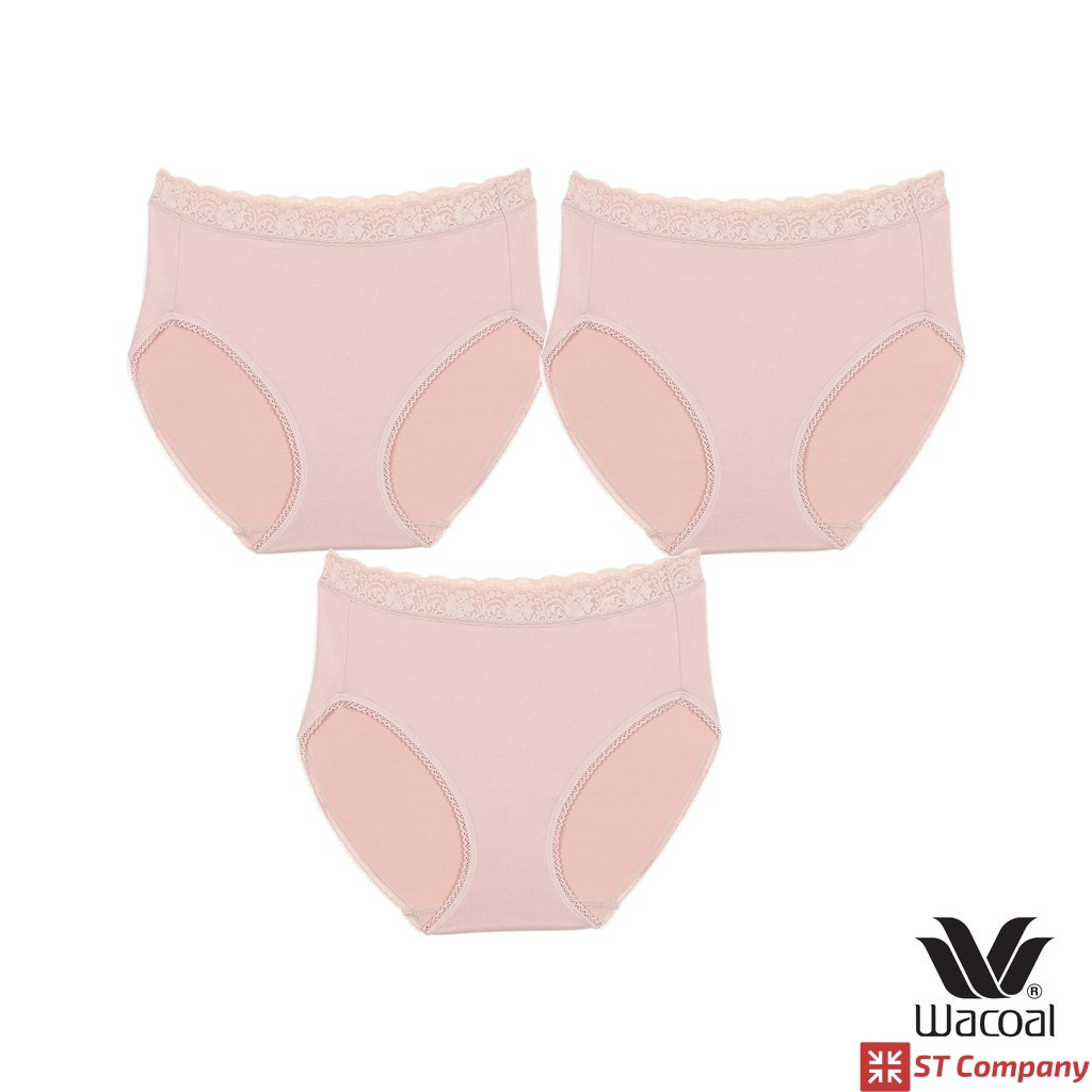 Wacoal Panty กางเกงใน ทรง Bikini ขอบลูกไม้ สีเบจ 3 ตัว กางเกงในผู้หญิง วาโก้ ครึ่งตัว ผู้หญิง WQ6M02