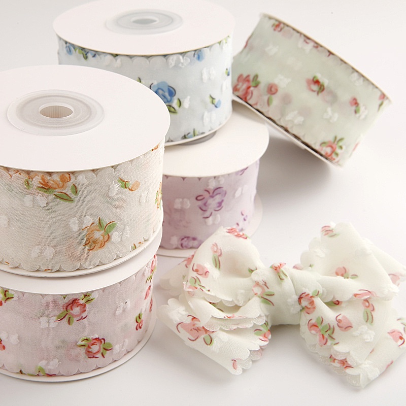 ริบบิ้นลายดอก  ผ้าบาง ขอบหยัก ขนาด 4 ซม. สไตล์เกาหลี