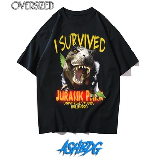 เสื้อยืดผ้าฝ้าย เสื้อยืดโอเวอร์ไซซ์ พิมพ์ลาย Jurassic Park I Survived สไตล์วินเทจ