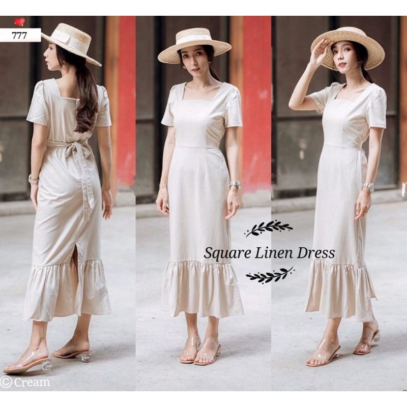 เดรส/ธรรมดา/กล่อง เสื้อผ้า/ผู้หญิง/ผู้หญิง/แม็กซ์//ธรรมดา/ผ้าลินิน/ครีม/แขนสั้น/เกาหลี/เดรสผ้าลินินส