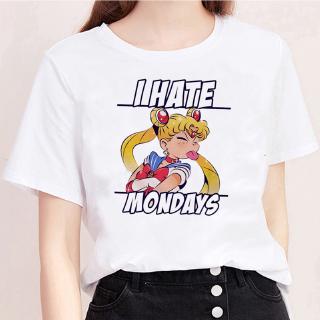 Sailor Moon Print I Hate Mondays Japanese Casual T-shirt Short Sleeve Womens Shirts Harajuku Shirt