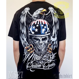 MS 27 Custom Cycles เสื้อยืด สีดำ เสื้อไบค์เกอร์ รถแข่ง Moai Speed T-Shirt ผ้าคอตตอน สกรีนลาย S M L XL XXL