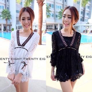 490.- ส่งฟรี🎎 เสื้อแขนยาวลูกไม้แต่งคอวี