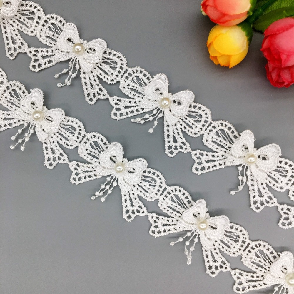 10 ชิ้นดอกไม้ผีเสื้อ Knot ลูกไม้เพิร์ลโบว์ Applique ลูกปัดริบบิ้นขอบ Lacing สําหรับหมวกตกแต่งชุดแต่งงานเย็บหัตถกรรม