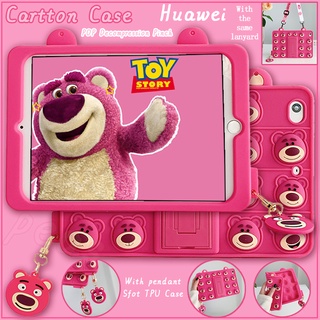 Pop it Huawei Matepad T10 T10S 11 10.4 Pro 10.8 MediaPad M5 lite 8.0 M6 8.4 Honor V6 V7 Pro เปลือก Decompression Pinch Cute Cartoon Strawberry Bear Soft TPU Case  เคสซิลิโคน เปลือกการ์ตูน มีเชือกคล้อง