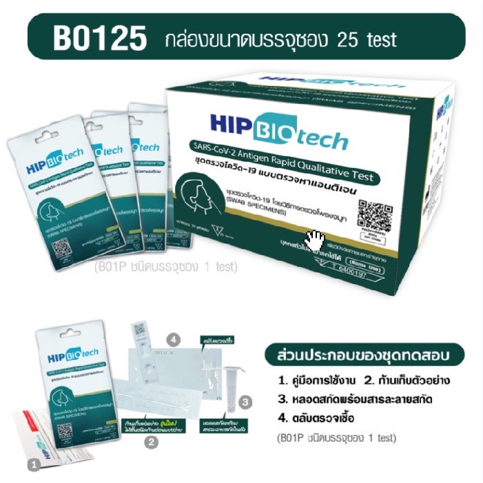 [กล่องใหญ่ 25 ชุดตรวจ] สีเขียว Hip Biotech SARS-COV-2-Antigen Rapid Qualitative Test ชุดตรวจโควิด - ที่ตรวจโควิด19 ATK