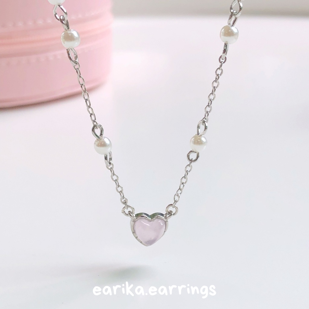 earika.earrings - pink opal heart necklace สร้อยคอจี้หัวใจชมพูเงินแท้ S92.5 ปรับขนาดได้