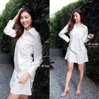 GN12423 **รบกวนสอบถามก่อนสั่งซื้อจ้า** เดรสเชิ๊ตแขนยาว เอวรูดเชือกผูกโบว์ Dress