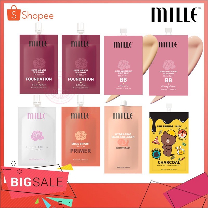 ยกกล่อง 6 ซอง ซองมิลเล่ ครีมรองพื้น บีบี กันแดด ไพรเมอร์ ครีมบำรุง แบบซอง MILLE