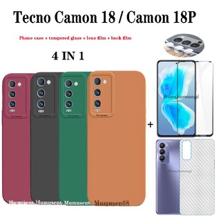 (4 In 1) Tecno Camon 18 18P 19pro เคสโทรศัพท์ ซิลิโคนนุ่ม สีแคนดี้ + กระจกนิรภัย + ฟิล์มเลนส์ + ฟิล์มด้านหลัง Tecno Spark 8 8C / Spark 6 GO เคสโทรศัพท์ซิลิโคนฝ้า พร้อม