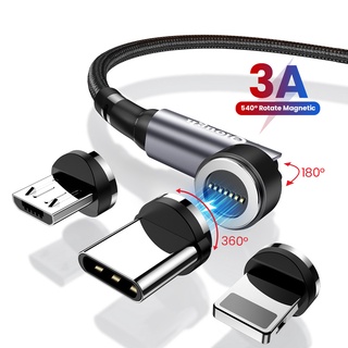 Elough สายชาร์จเร็ว 540 องศา 3A QC 3.0 Micro USB Type C สําหรับชาร์จโทรศัพท์ 3 in 1