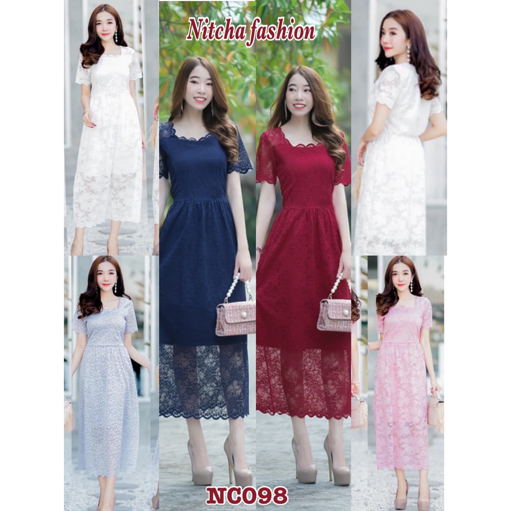 NCB098 เดรสคอเหลี่ยมแขนสั้นผ้าลูกไม้ เอวยางหลัง พร้อมซับใน มี 5 ไซส์ M-3XL