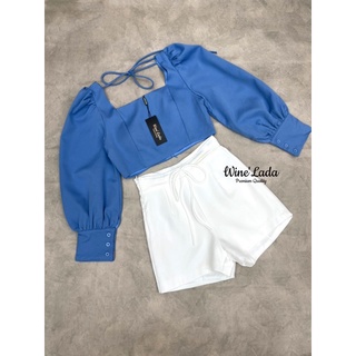 Love in blue Set.. Set 2 Pcs. เสื้อครอปสีฟ้า Tag : WineLada