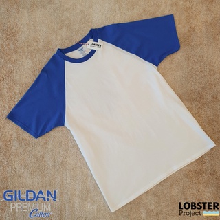 เสื้อยืด คอกลม แขนสั้น GILDAN เนื้อผ้าพรีเมี่ยม (Premium) แนวเบสบอลไหล่สโลป สีตัวขาว แขนน้ำเงิน