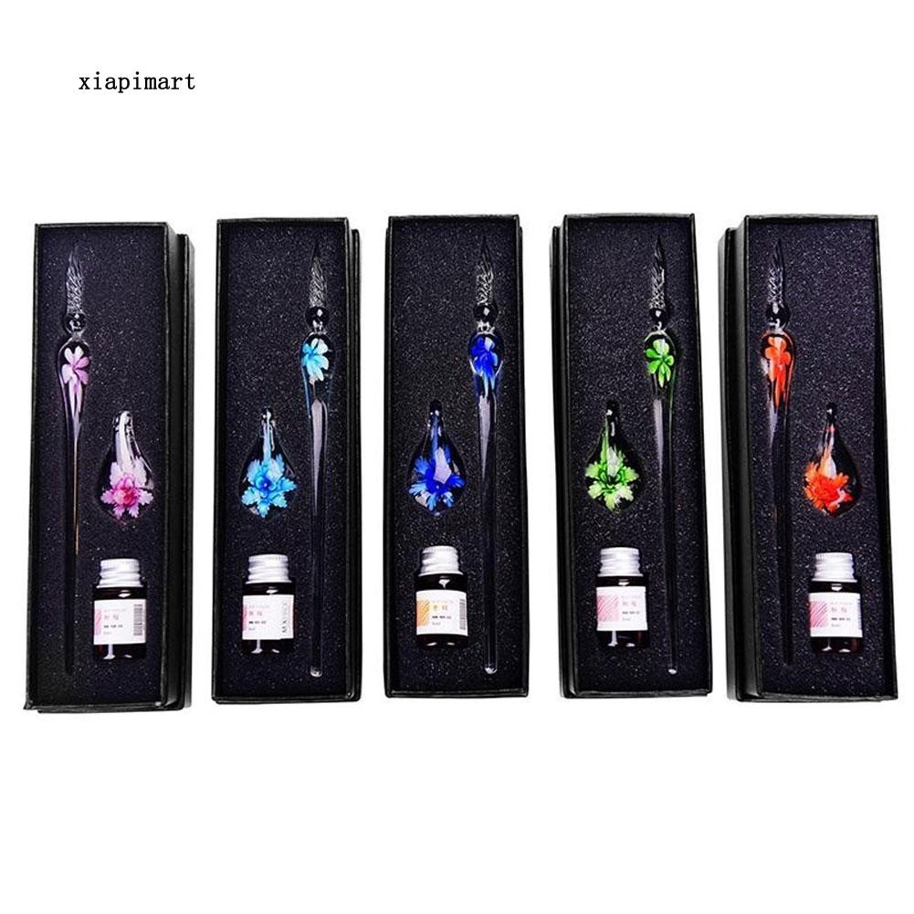 LYY_Glass Dip Pen Faux Crystal Ink Signature ภายในดอกไม้สําหรับการเขียน Art Decor