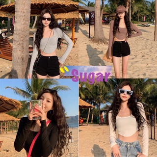 Sugar 🌈พร้อมส่ง🌈เสื้อครอป แขนยาว คอกลม ปลายหยัก เนื้อผ้าใส่สบาย(702)