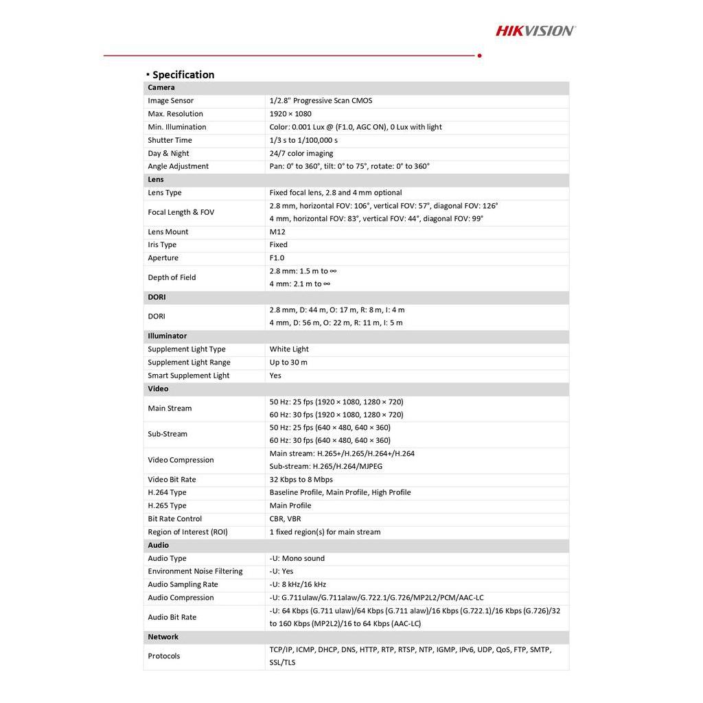 Hikvision กล้องวงจรปิด IP 2MP ภาพสี24ชม. รุ่น DS-2CD1327G2-L - แบบเลือกซื้อ BY N.T Computer