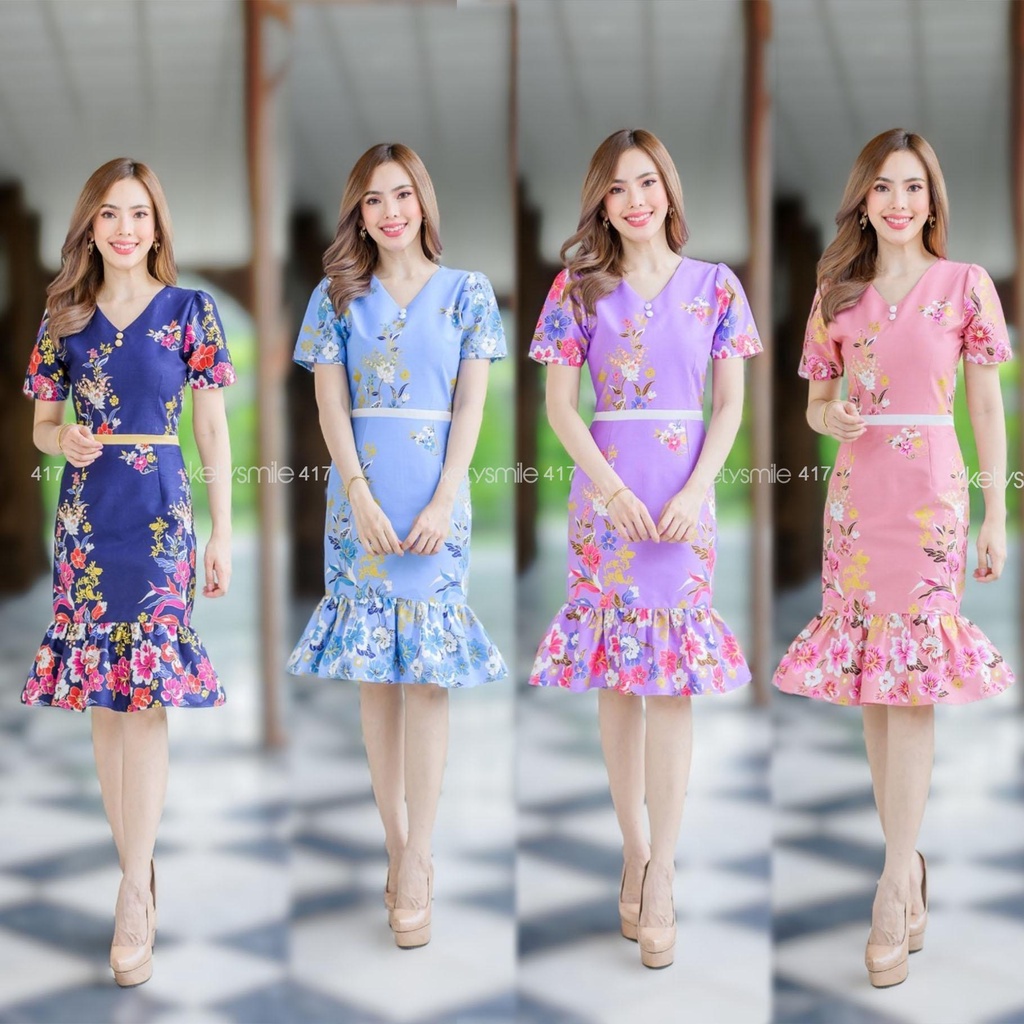 เดรสผ้าคอตต้อนพิมลายปาเต๊ะ ระบายชาย อัดกาว สวยโดดเด่นสุดๆ (S-2XL) KS417