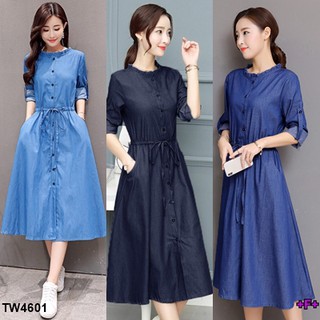 J4601 Dress Shirt เดรสเชิ้ต ยีนส์ คอระบาย Denim shirt dress with ruffle neck