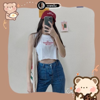 cc🐻JLY1104 ครอปแขนกุด ปักลายตัวหนังสือที่หน้าอก สไตล์มินิมอลลล