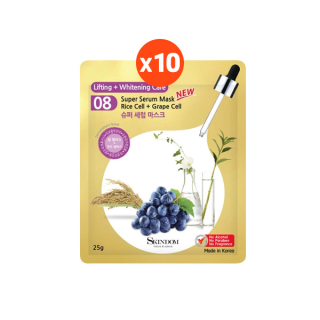 **ยกแพ็ค 10 แผ่น** (หมดอายุ 31/05/2022) SKINDOM Super Serum Mask 08 - Rice Cell + Grape Cell 25 g. (10 แผ่น)